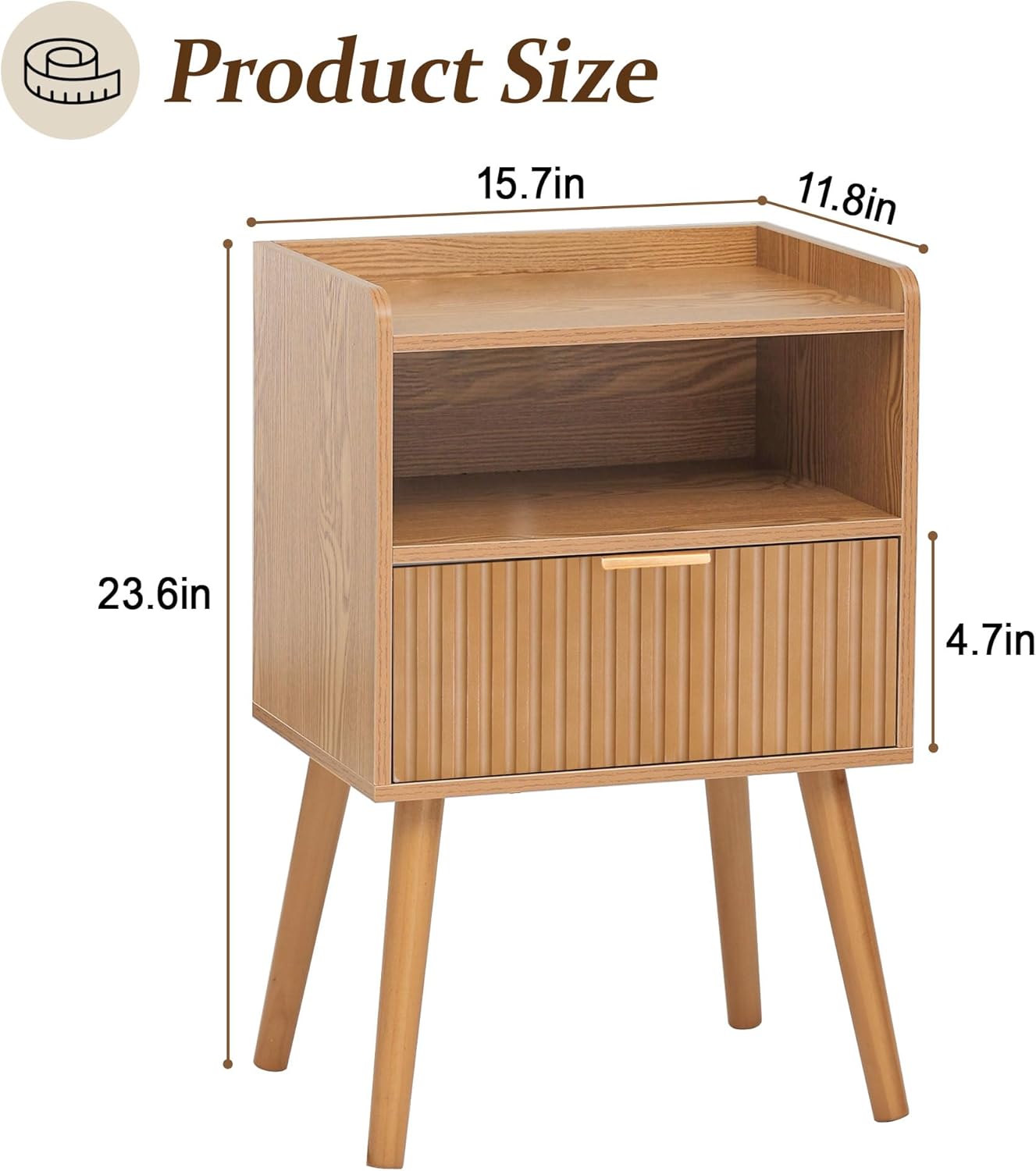 AWASEN Fluted Night Stand Set 2, Mid Century Modern Bedside Table Set of 2 with Storage Drawers, Wood Night Stand Side Table with Solid Wood for Living Room, Bedroom, Office and Small Space (Brown)