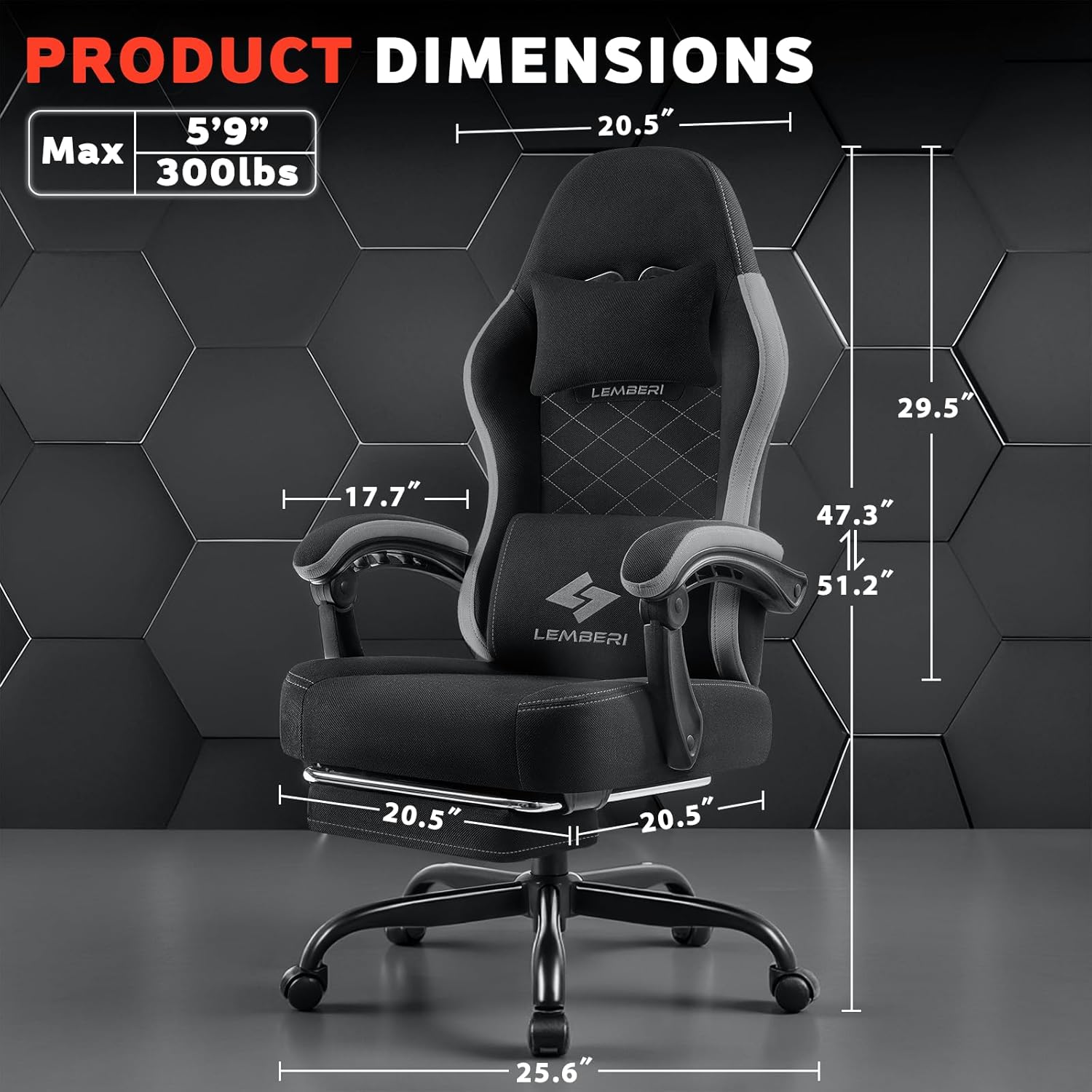 LEMBERI Gaming Chair, Fabric Big and Tall Video Game Chair with Footrest, Massage Lumbar Support, Racing Style Ergonomic Computer Gamer Chair with Adjustable Headrest (Gray)