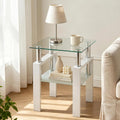 Meihua Tempered Glass End Table, White Modern Square Side Table with Metal Frame, 2-Tier Glass Accent Table for Living Room, Bedroom, Apartment & Small Spaces