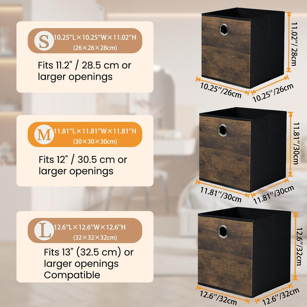 Thickened Fabric Cube Storage Bins with Wood Look,Decorative Storage Cubes Foldable Box,Sturdy Cube Organizer Basket for Shelves,Closet,Home,Office, Nursery,Dorm,Brown with Black,3 Pack (12x12x12in)