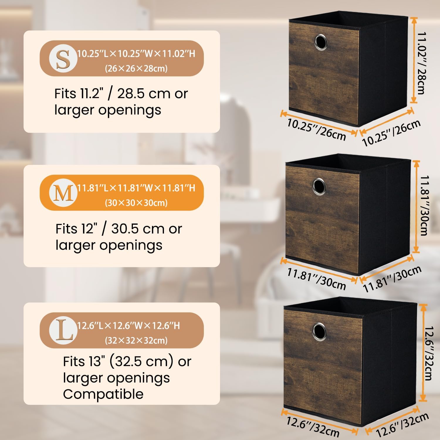 Thickened Fabric Cube Storage Bins with Wood Look,Decorative Storage Cubes Foldable Box,Sturdy Cube Organizer Basket for Shelves,Closet,Home,Office, Nursery,Dorm,Brown with Black,3 Pack (12x12x12in)