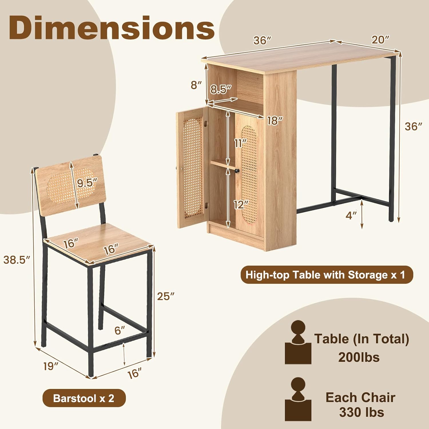 COSTWAY 3-Pcs Kitchen Table & Chairs Set, High Top Bar Table with 2 Stools, Storage, Adjustable Shelf, Metal Frame, Counter Height Dining Room Set for 2, Boho Rattan Table Set for Living Room, Study