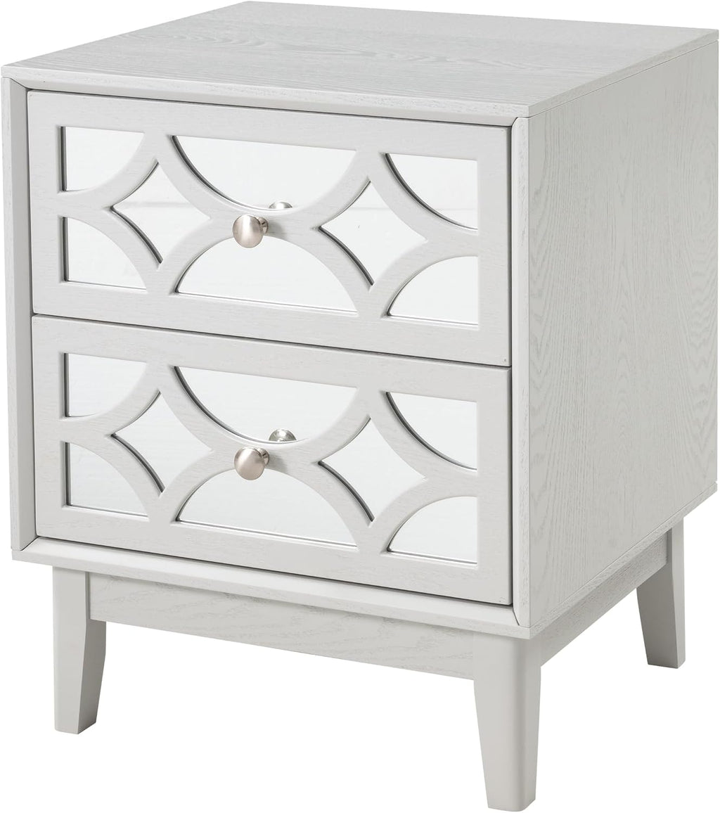 COZAYH Modern 2 Drawer Nightstand with Mirrored Fronts, Elegant Geometric Pattern Bedside Table for Bedroom, Light Gray