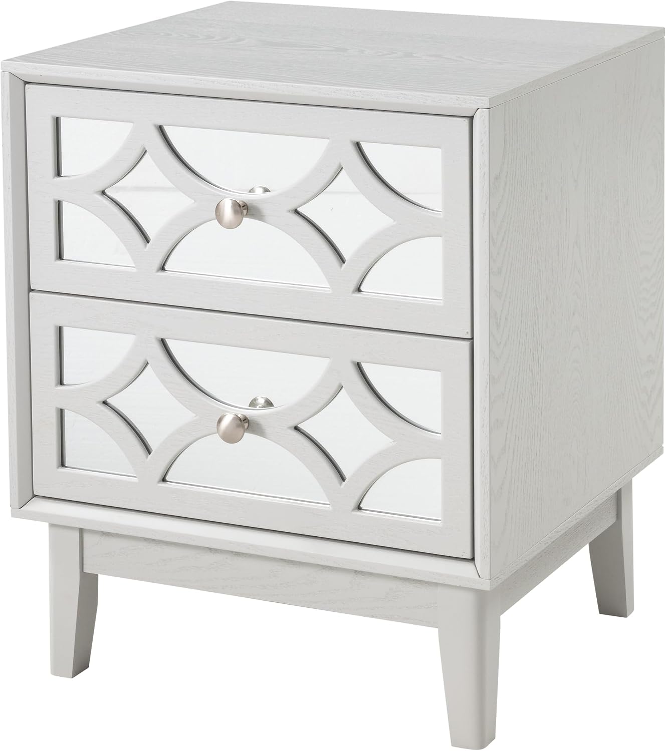 COZAYH Modern 2 Drawer Nightstand with Mirrored Fronts, Elegant Geometric Pattern Bedside Table for Bedroom, Light Gray