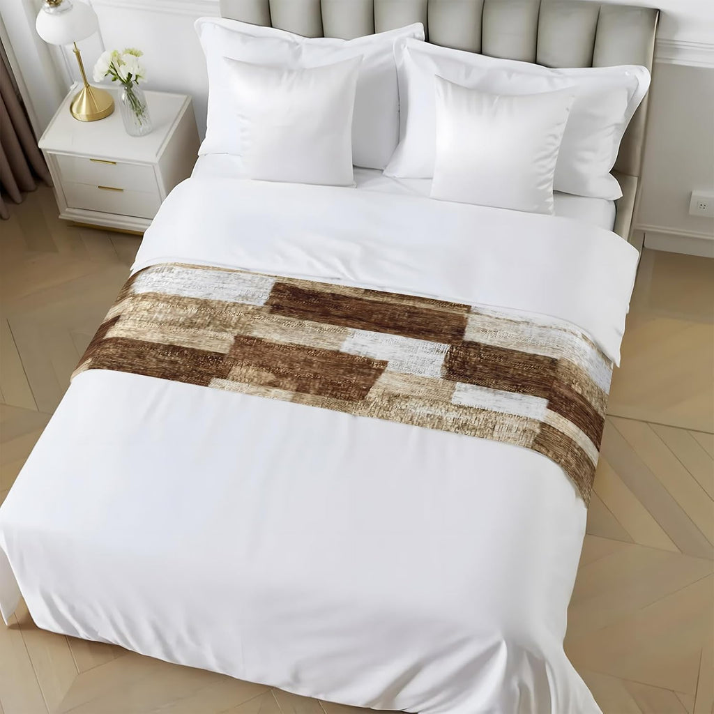Bed Runner for Queen Size Beds, Patchwork Texture Decorative Bed Runners Scarves for Bedroom, Retro Rustic Blocks Abstract Linen Brown Washable Bedding Scarf Cover