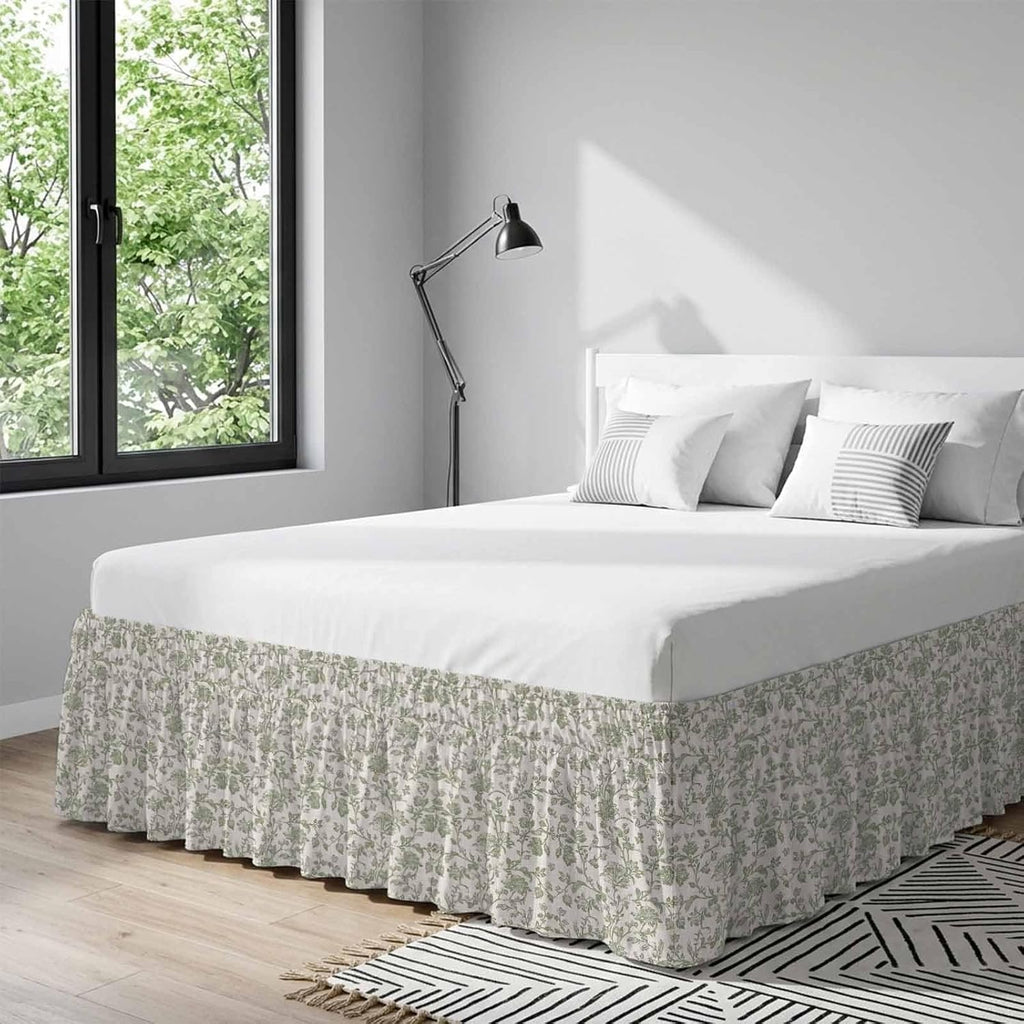 Farmhouse Sage Green Bed Skirt for Queen Size Bed 18" Drop,Dust Ruffle Wrap Around Bedskirt with Elastic Strap,Vintage Flower Leaf Botanical Adjustable Easy Fitting Pleated Bed Frame Cover