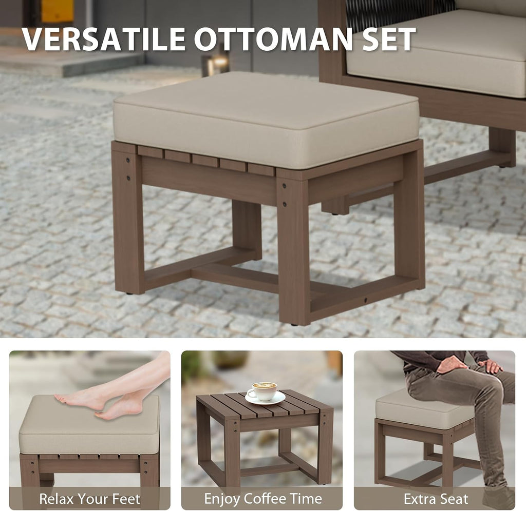 EAGLE PEAK Natural Cedar Outdoor Patio Ottomans with Removable Cushions, Set of 2, Outdoor Real Wood Footrest Contemporary Décor for Deck, Porch, Balcony and Backyard, Brownish/Beige
