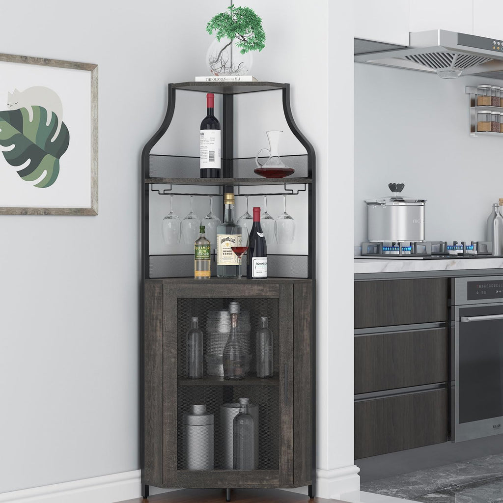 GAOMON Corner Wine Bar Cabinet with Large Storage Space and Removable Wine Rack, Coffee Bar Cabinet with Glass Holder and Mesh Door, 4-Tier Liquor Cabinet Bar, Dark Wood