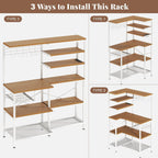L-Shaped Bakers Rack with Power Outlet, 6-Tier Microwave Stand with Open Storage, Kitchen Shelf with Hooks, Coffee Bar with Wire Basket, White