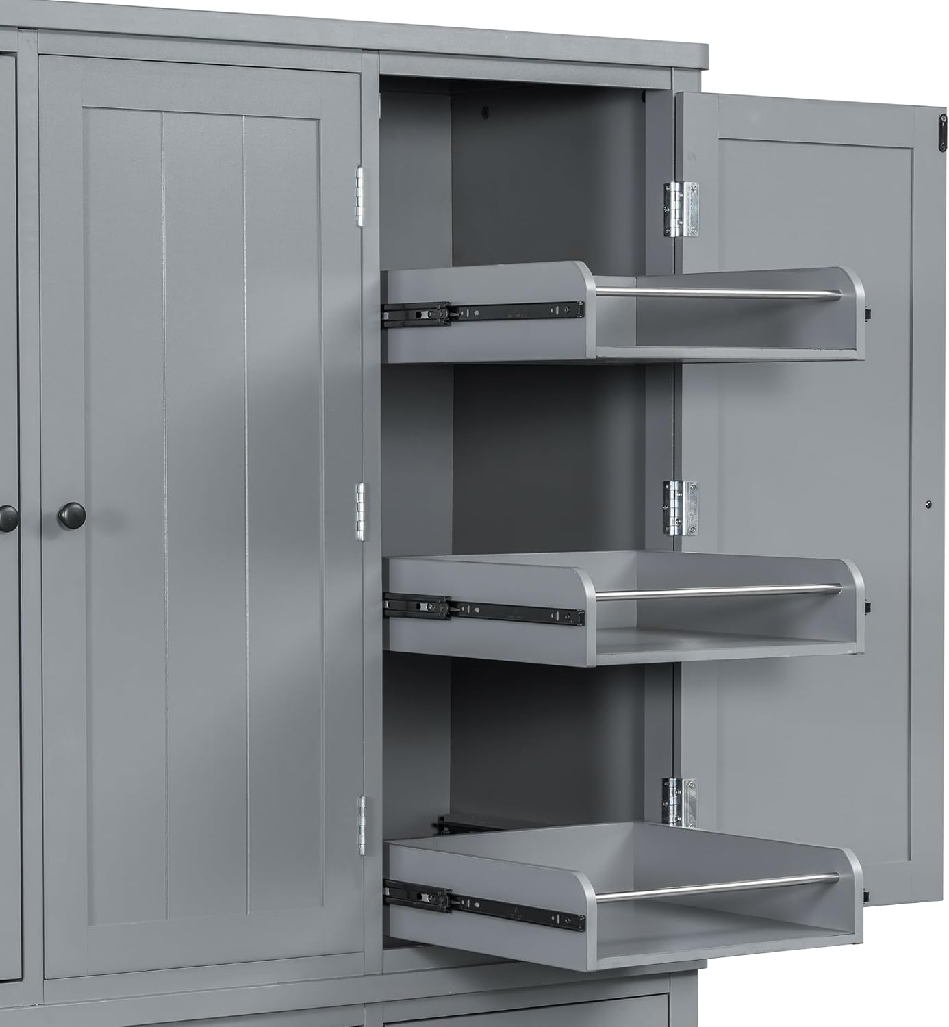 Merax 74.8'' Tall Kitchen Pantry Storage Cabinet with 6 Doors, 3 Drawers and Adjustable Shelves, Freestanding Large Cupboard & Pull-Out Trays for Kitchen, Dining Room, Living Room, Gray