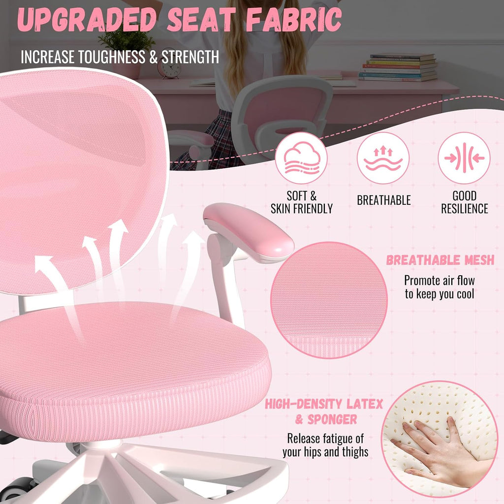 Adjustable Kids Desk Chair, Ergonomic Children Study Computer Chair with Footrest & Flip-up Armrest, Mesh Student Teen Task Chair with Wheels, Kids Office Chair for Boys Girls (Pink-White)