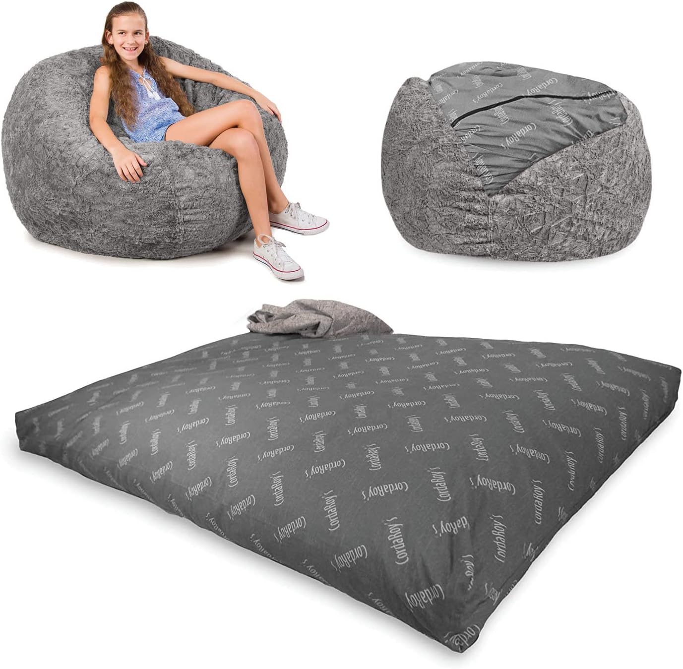 CordaRoy's Faux Fur Bean Bag Chair, Convertible Chair Folds from Bean Bag to Lounger & Chenille Bean Bag Chair, Convertible Chair Folds from Bean Bag to Lounger, As Seen on Shark Tank