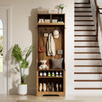 HOMMPA 24" Hall Tree with Bench and Shoe Storage, 5-in-1 Entryway Hall Tree with LED Light, 5 Tri-Hooks, Shoe Cabinet & Open Compartment, Farmhouse Style Mudroom Storage Bench w/Coat Rack for Hallway