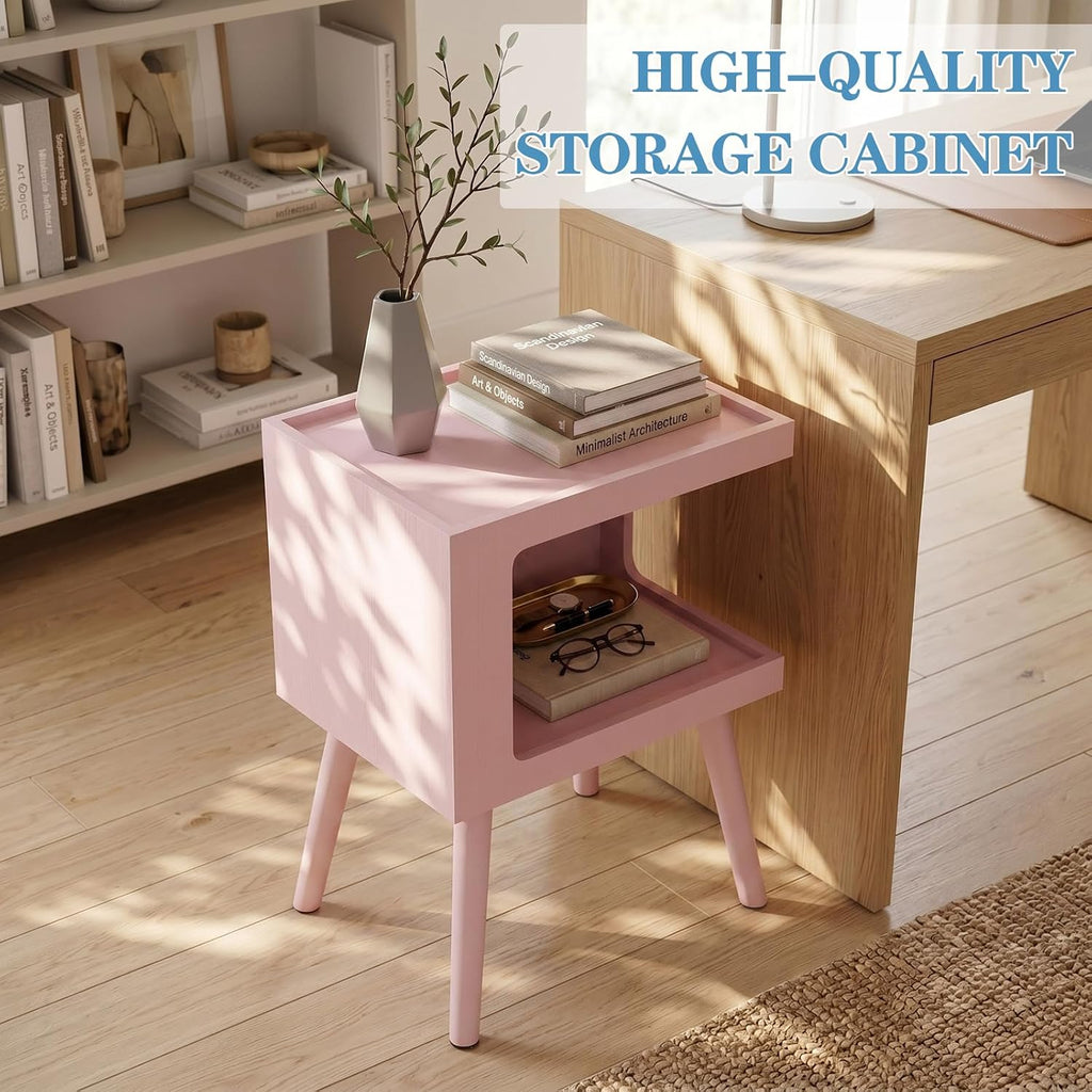 Nightstand,Pink Night Stand,Modern End Table with Open Storage,2-Tier Wooden End Side Table,Nursery Bedside Table for Small Space, Living Room, Bedroom