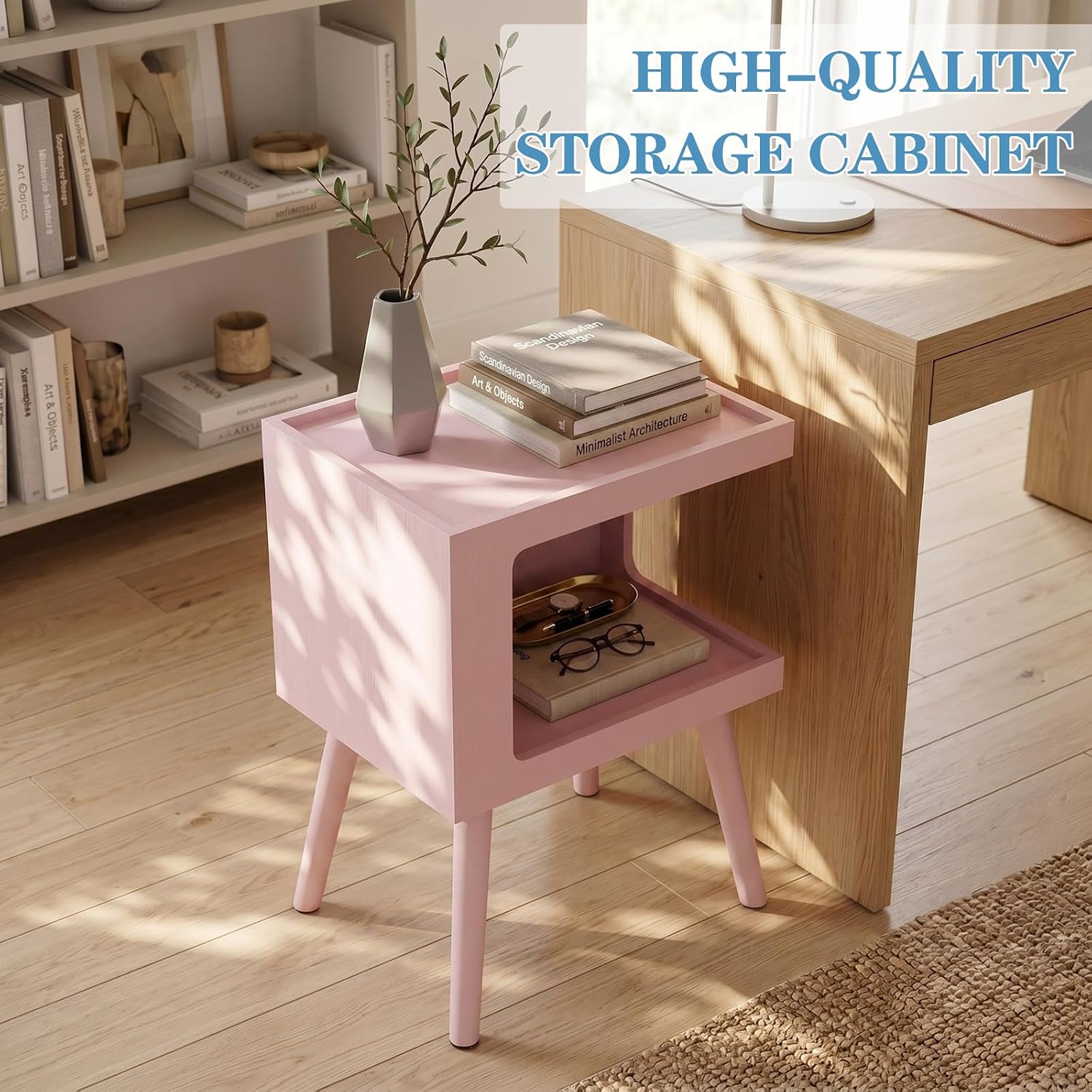 Nightstand,Pink Night Stand,Modern End Table with Open Storage,2-Tier Wooden End Side Table,Nursery Bedside Table for Small Space, Living Room, Bedroom