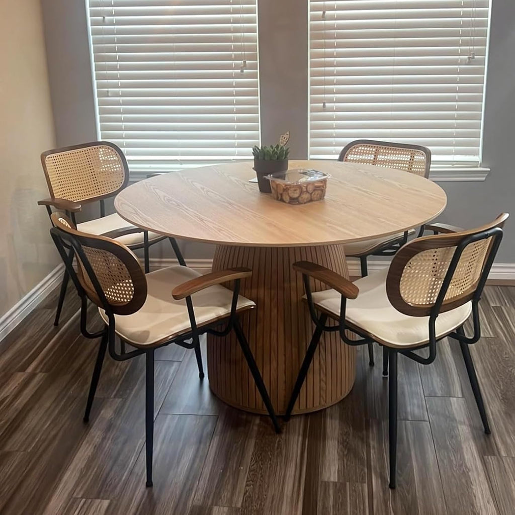 Rattan Dining Room Chairs Set of 4,Mid Century Modern Kitchen Side Chair,Metal Legs Desk Chair,Green Corduroy Fabric Upholstered Accent Chair with Arms and Rattan Backrest