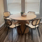 Rattan Dining Room Chairs Set of 4,Mid Century Modern Kitchen Side Chair,Metal Legs Desk Chair,Green Corduroy Fabric Upholstered Accent Chair with Arms and Rattan Backrest