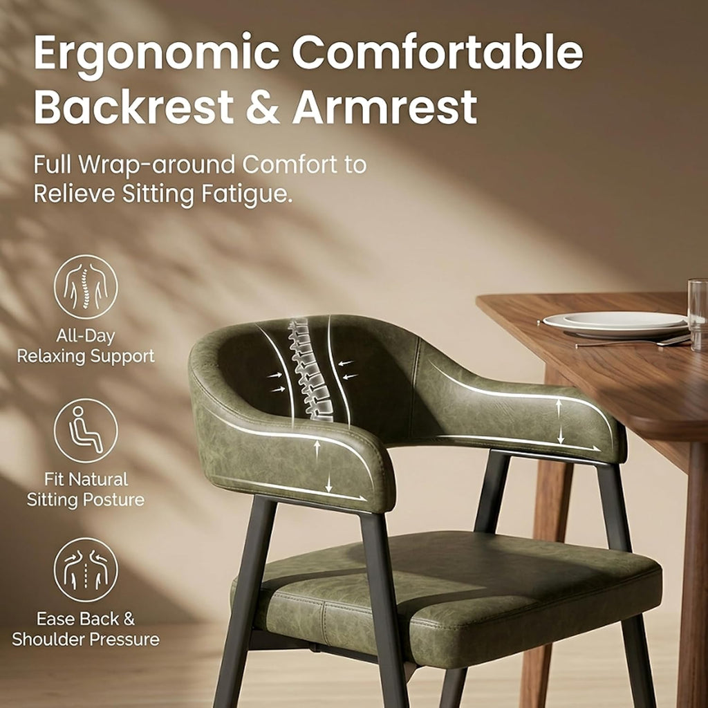 HNY Modern Dining Room Arm Chairs Set of 6, Green Retro Faux Leather Upholstered Barrel Dining Chairs with Arms Mid-Century Accent Chair with Metal Legs, Open-Back Kitchen Side Chairs for Living Room