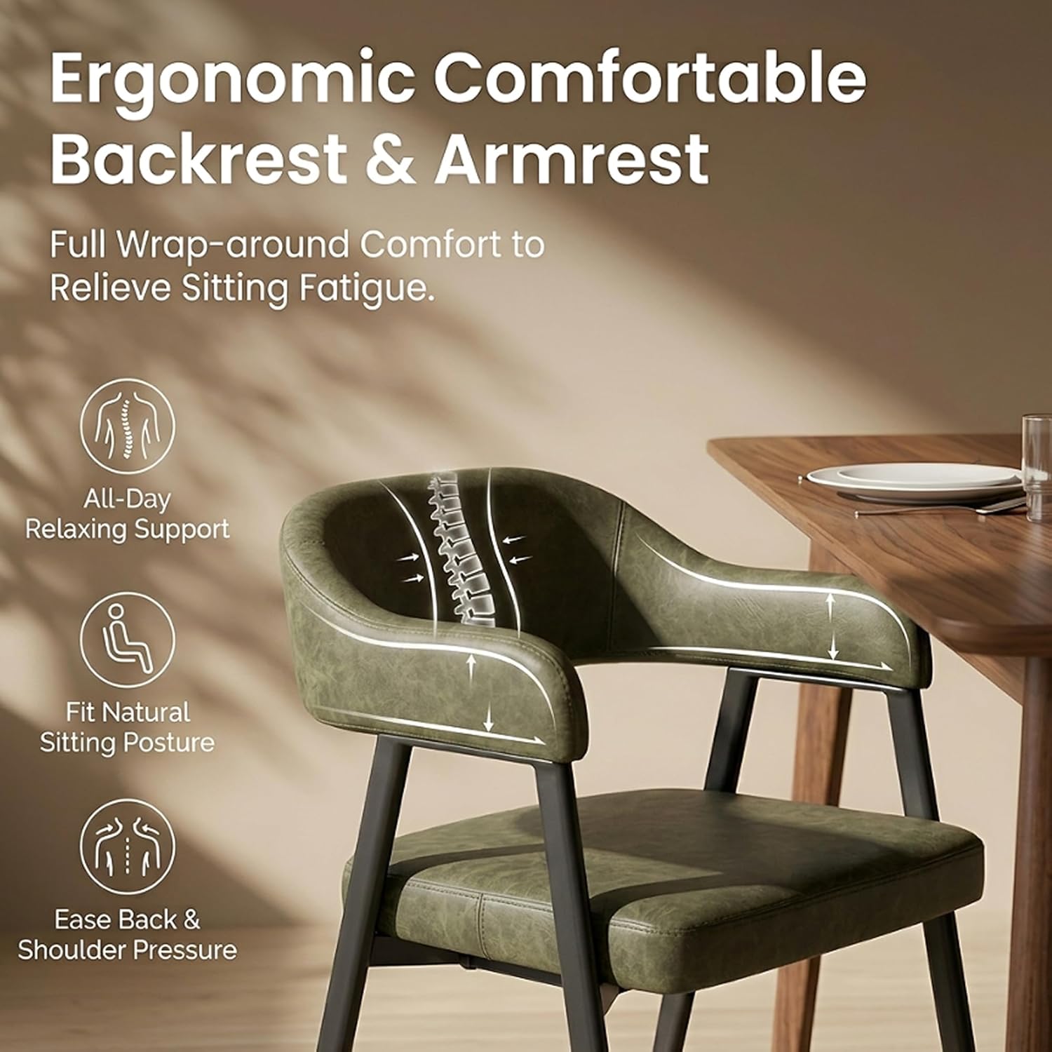 HNY Modern Dining Room Arm Chairs Set of 6, Green Retro Faux Leather Upholstered Barrel Dining Chairs with Arms Mid-Century Accent Chair with Metal Legs, Open-Back Kitchen Side Chairs for Living Room