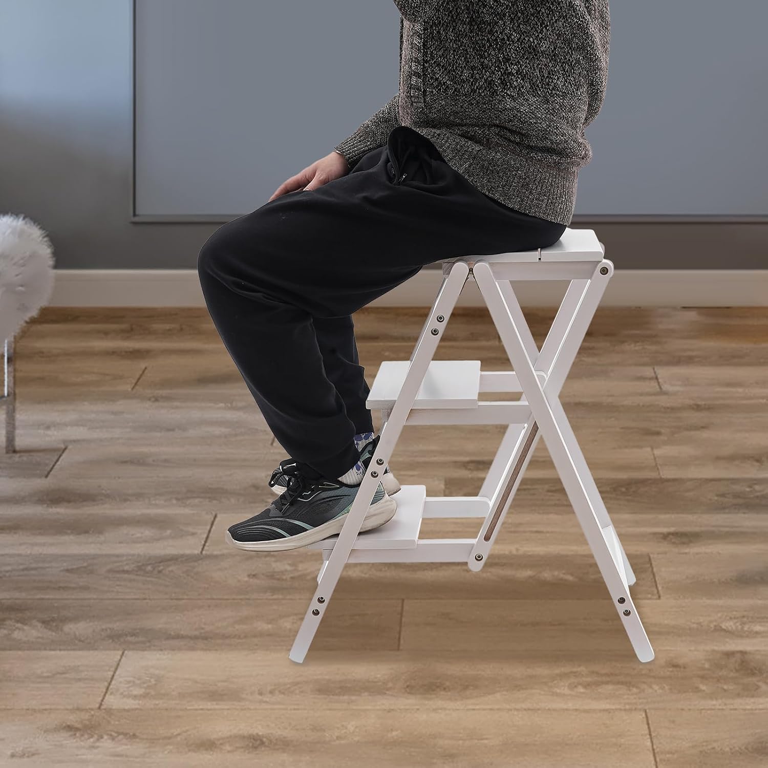 Folding Step Stool 3-Step Chair Ladder Multi-Functional Folding Solid Wood Ladder Stool Portable Wooden Step Stool for Household Kitchen and Office 220.46lbs, White