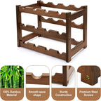 Bamboo Wine Rack, 3-Tier 12 Bottles Wine Storage Cabinet Shelf, Easy-Assembly Freestanding Bamboo Wine Racks Countertop for Kitchen Pantry Dining Room Bar, Walnut