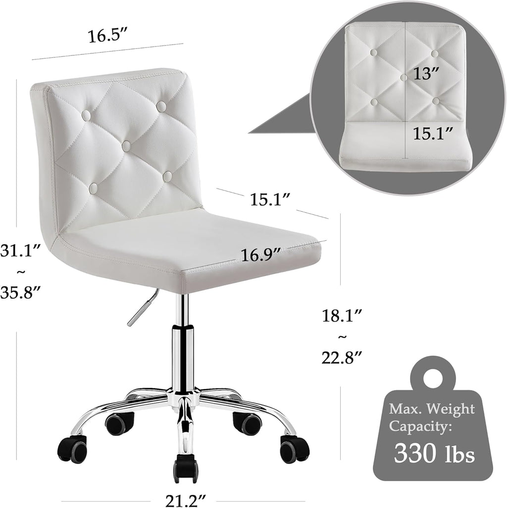 VECELO PU Leather Mid-Back Armless Vanity Chair Adjustable Height 360° Rolling Swivel for Home Office Work, White