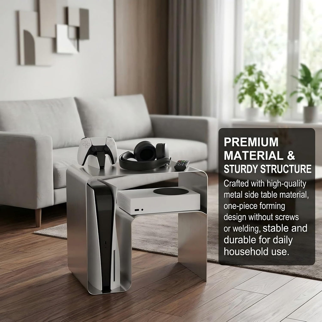 Stainless Steel Side Table, Modern End Table with Double Storage, One-Piece Forming Design, No Assembly, Silver Accent Table for Living Room Bedroom Balcony (2.0 Thickness)