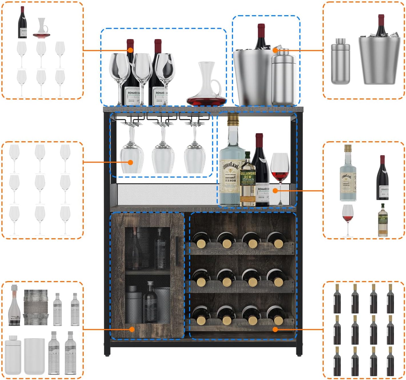 GAOMON Coffee Wine Bar Cabinet with Storage and Detachable Rack, Farmhouse Sideboard and Buffet Cabinet with Glass Holder and Mesh Door, Liquor Coffee Bar Cupboard, Dark Wood