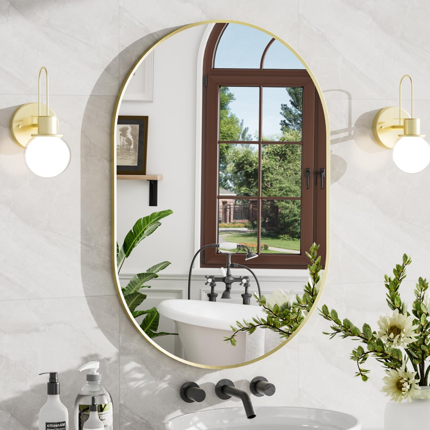 24x36 Inch Brushed Gold Oval Bathroom Mirror, Wall Mounted Vanity Mirror for Over Sink, Tempered Glass with Aluminum Frame, Vertical or Horizontal Hanging