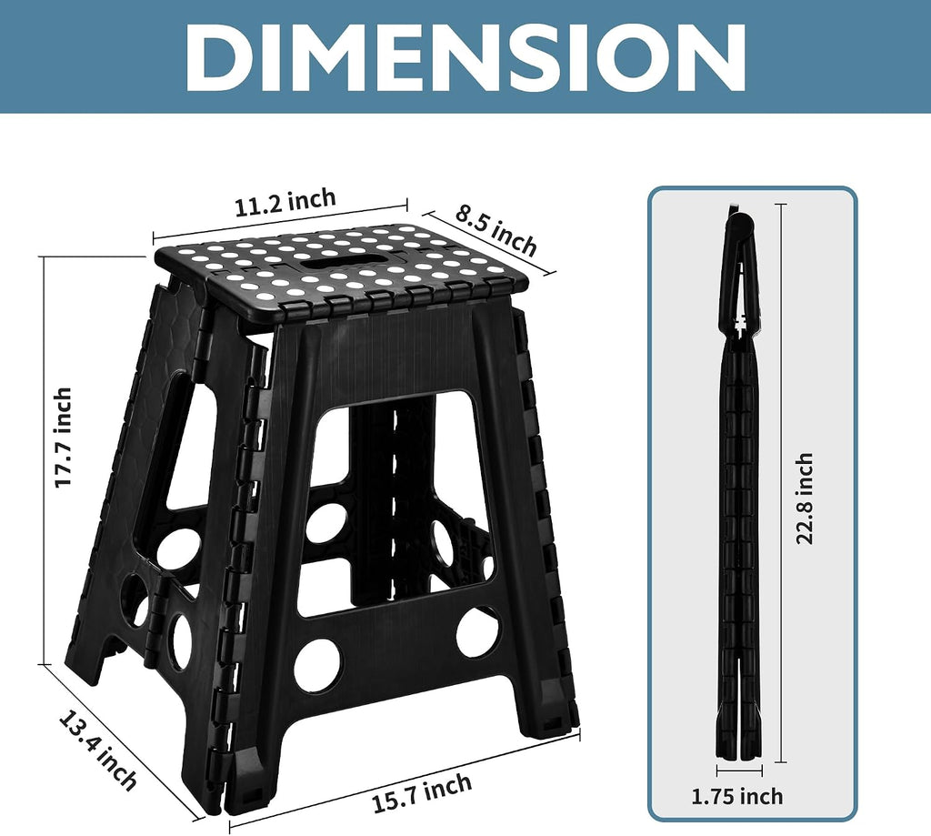 SUGARLEE 18 inch Folding Step Stool Heavy Duty Plastic Foldable Step Stool-Lightweight Foot Stool with Portable Handle, Compact Plastic Foldable Step Stool for Bathroom,Bedroom, Kitchen（Black