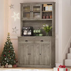 IDEALHOUSE Pantry with Drawers and Adjustable Shelves, 71”Tall Freestanding Kitchen Pantry Cabinet with Microwave Stand, Hutch Cabinet for Kitchen, Dining Room, Grey