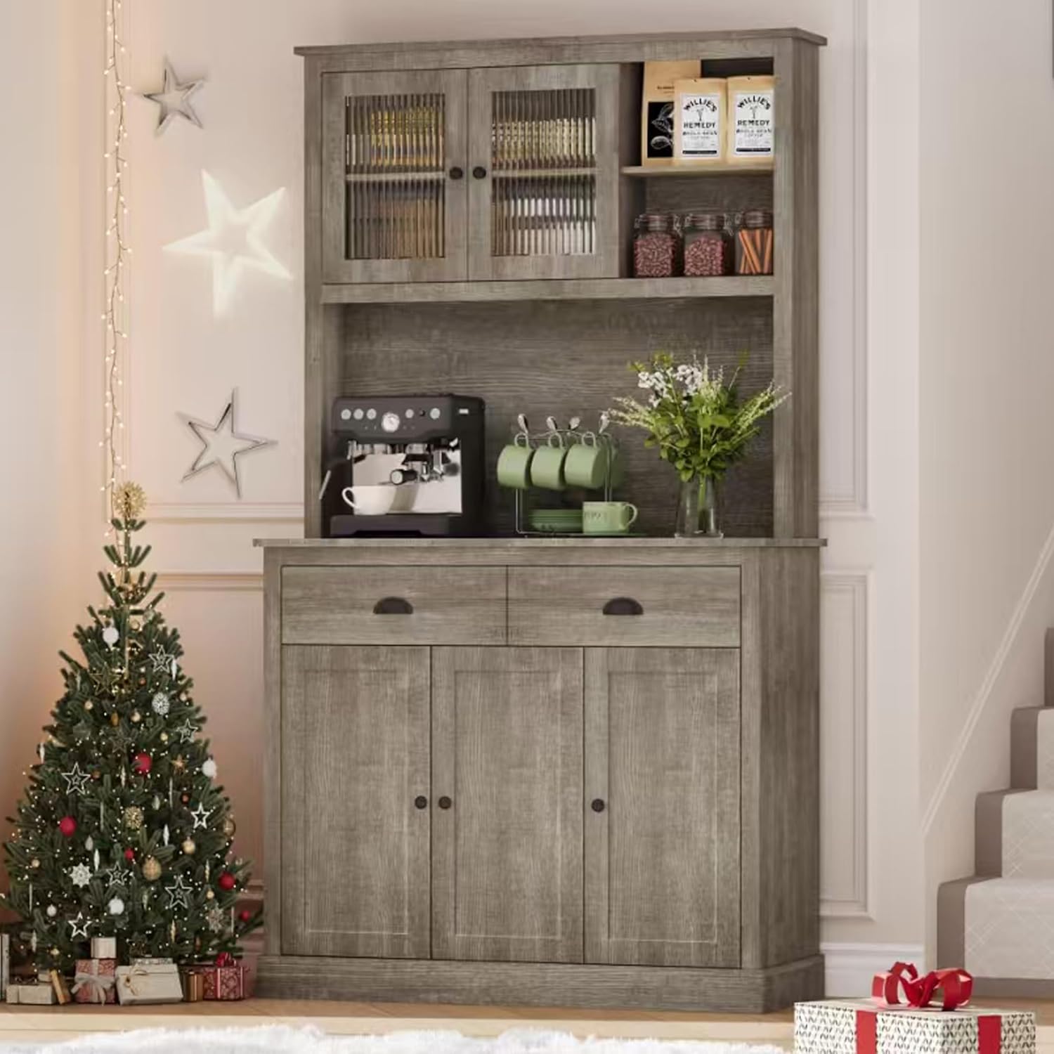 IDEALHOUSE Pantry with Drawers and Adjustable Shelves, 71”Tall Freestanding Kitchen Pantry Cabinet with Microwave Stand, Hutch Cabinet for Kitchen, Dining Room, Grey