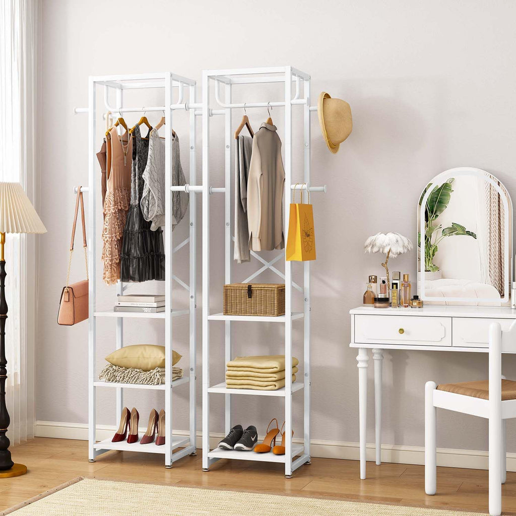 IBUYKE Coat Rack with Shelves, Freestanding Hall Tree with 3 Shelves and 8 Hooks, Industrial Clothes Stand for Entryway, Hallway, Bedroom, White UTMJ088W