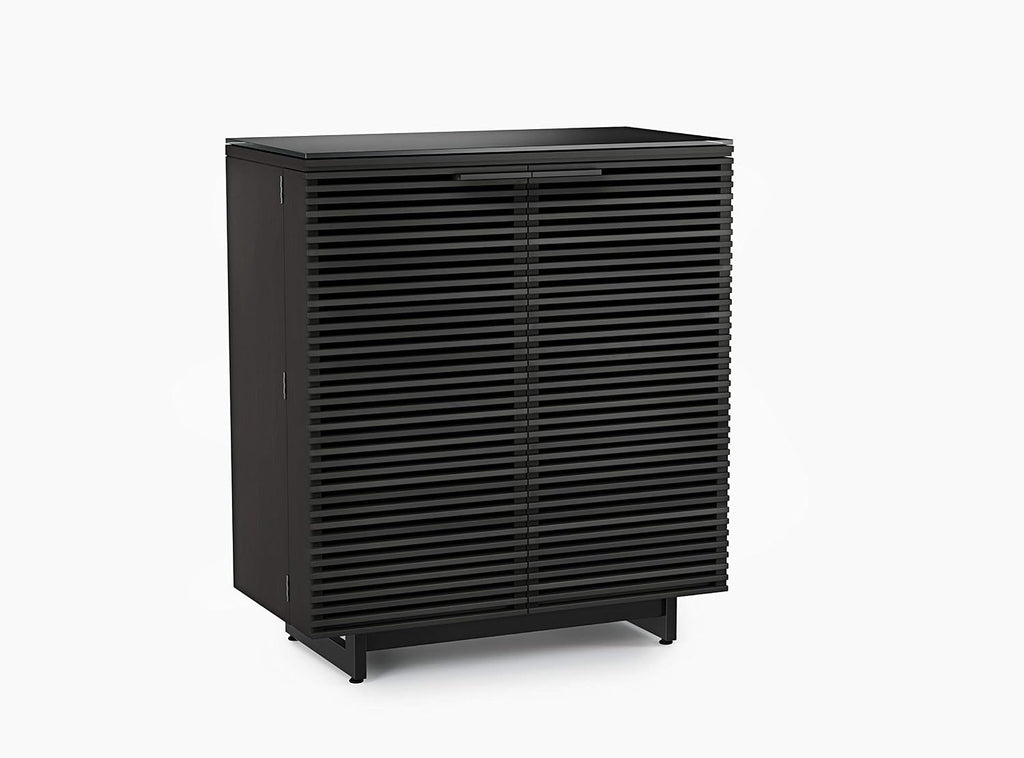 BDI Furniture Corridor 5620-36'' Bar Cabinet with Louvered Doors, Wine and Bottle Storage, Adjustable Shelf, Storage Drawer, Stemware Rack and Glass Top, Charcoal Stained Ash