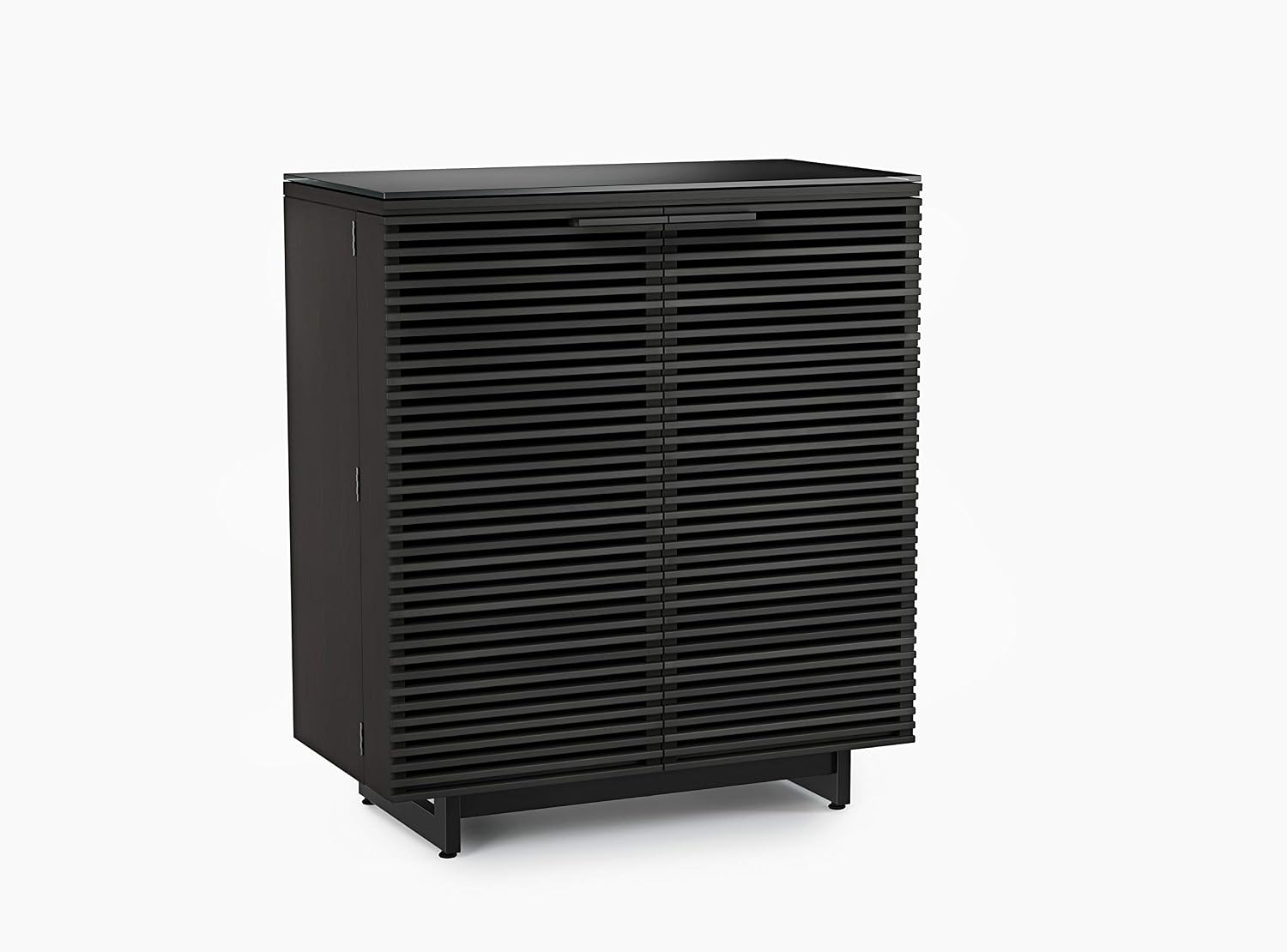 BDI Furniture Corridor 5620-36'' Bar Cabinet with Louvered Doors, Wine and Bottle Storage, Adjustable Shelf, Storage Drawer, Stemware Rack and Glass Top, Charcoal Stained Ash