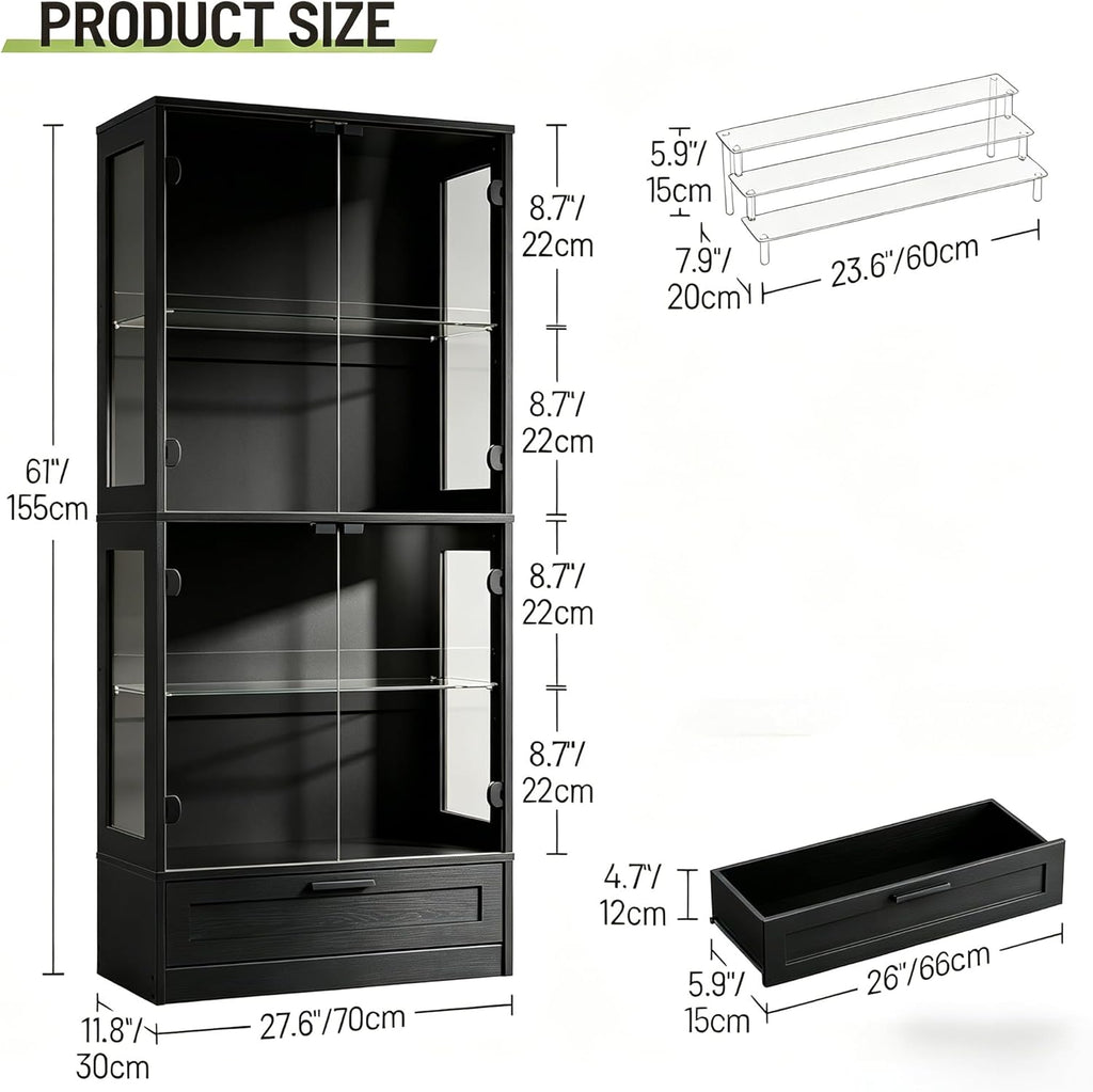 Glass Display Cabinet, 4-Tier Showcase with Drawer and Acrylic Layers, Glass Display Case & Bookcase with Human Body Sensor, 4-Tier Curio Cabinet with 3 Color Lights for Collectibles, Black