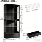 Glass Display Cabinet, 4-Tier Showcase with Drawer and Acrylic Layers, Glass Display Case & Bookcase with Human Body Sensor, 4-Tier Curio Cabinet with 3 Color Lights for Collectibles, Black