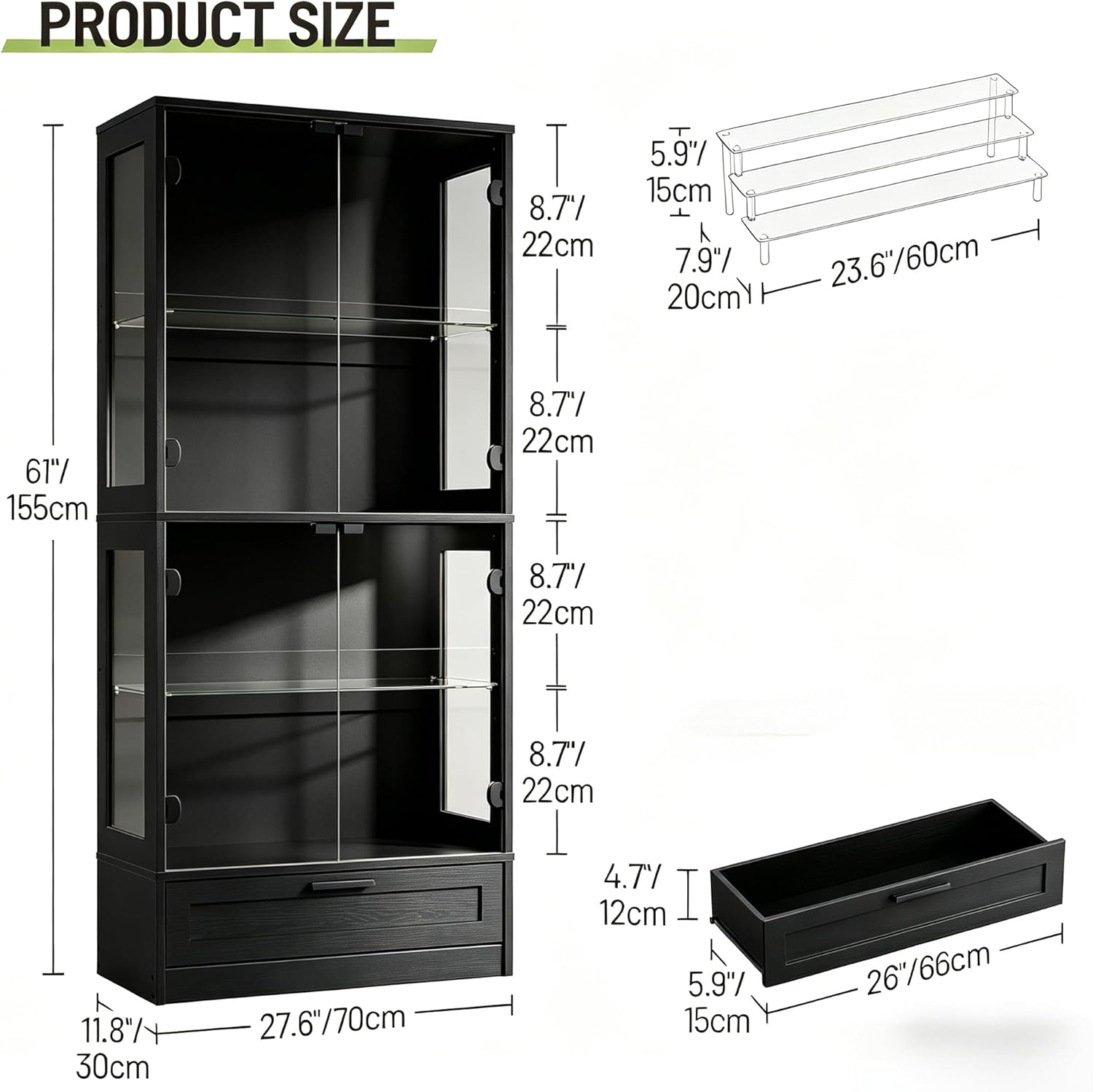 Glass Display Cabinet, 4-Tier Showcase with Drawer and Acrylic Layers, Glass Display Case & Bookcase with Human Body Sensor, 4-Tier Curio Cabinet with 3 Color Lights for Collectibles, Black
