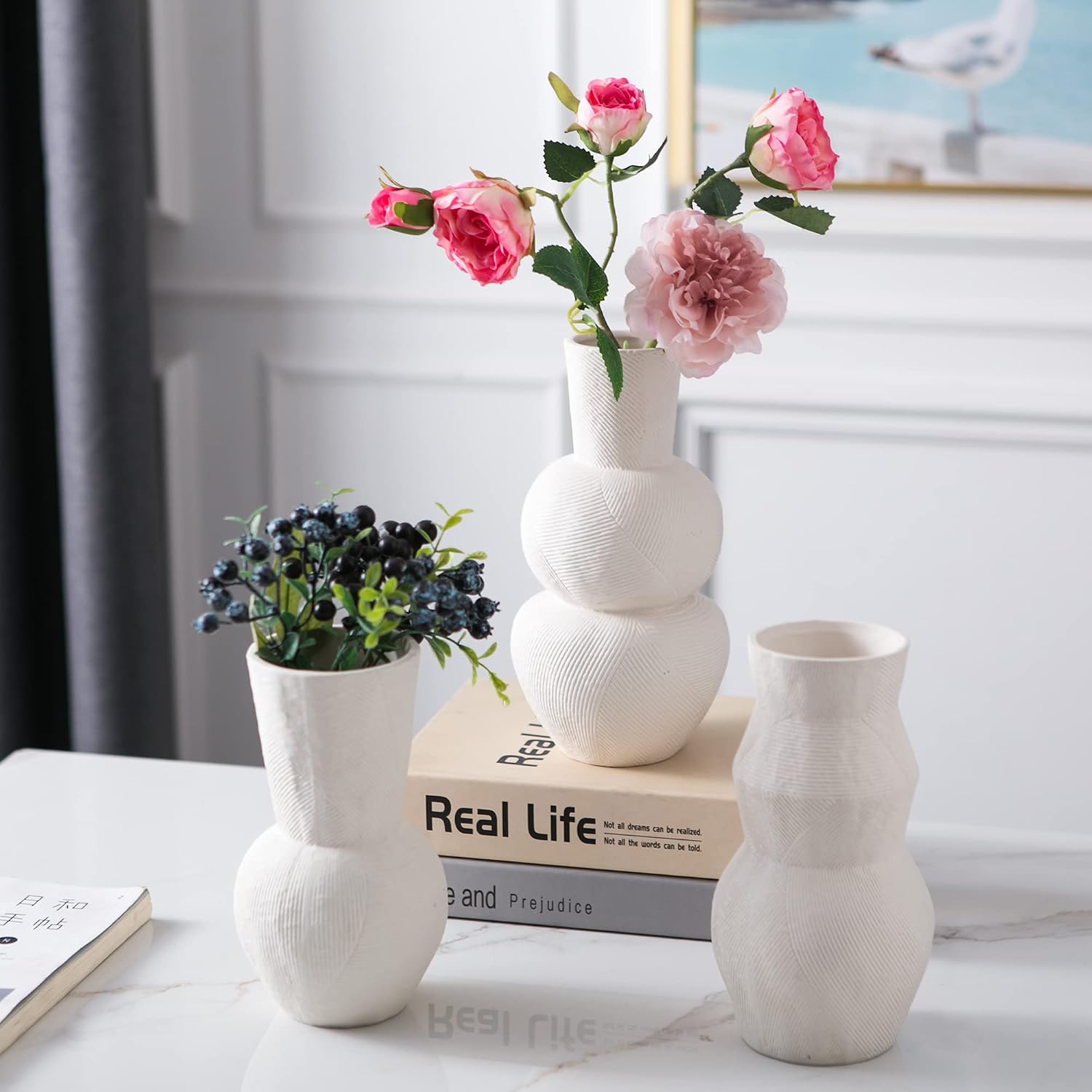 Ceramic Vases for Flowers, Matte White Ribbed Vase Set of 3, Decorative Vases for Pampas Grass, Modern Farmhouse Home Decor, Pottery for Centerpieces, Boho Vases