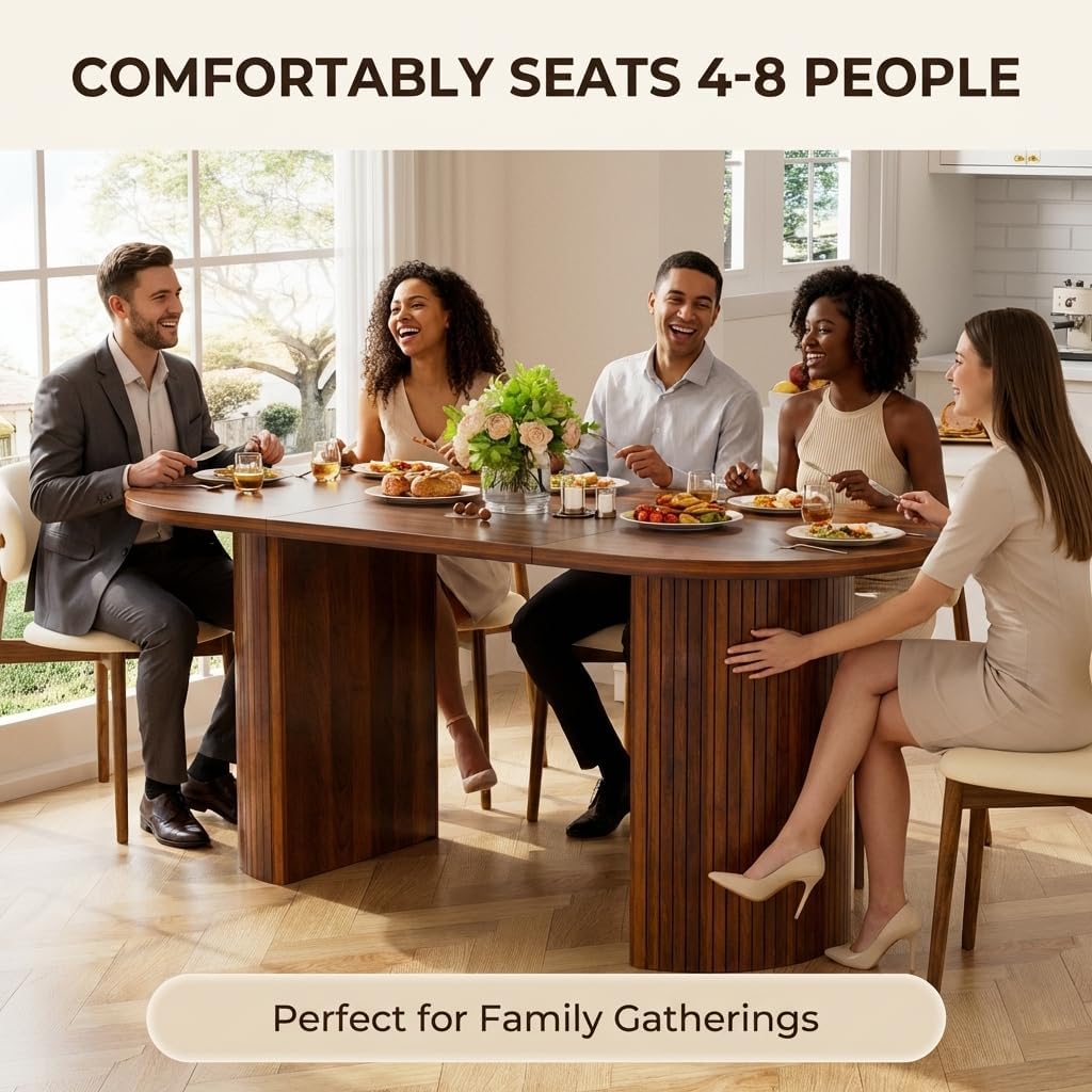 70.8" Oval Dining Table for 4-6 People, Mid-Century Modern Kitchen Table with Hidden Storage, Oval Dining Table with Fluted Tambour Doors for Dining Room, Living Room, Home Office, Walnut