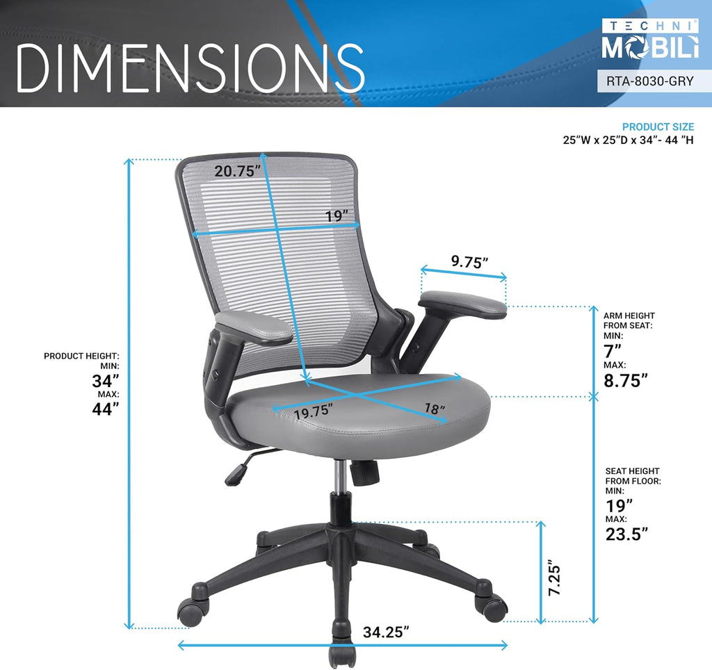 Techni Mobili Height Adjustable Arms Mid-Back Mesh Task Office Chair, 25" W x 25" D x 34" H, Gray