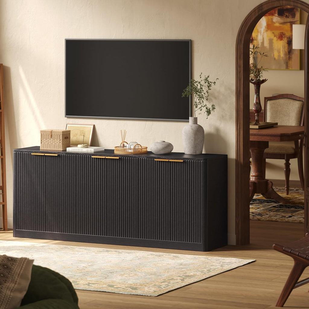 Evermagin 67" Fluted Black Buffet Cabinet Sideboard with Storage, Large Credenza with 6 Doors, Wood Mid Century Modern Sideboard for Kitchen and Living Room (67"*31.5"*15.7")