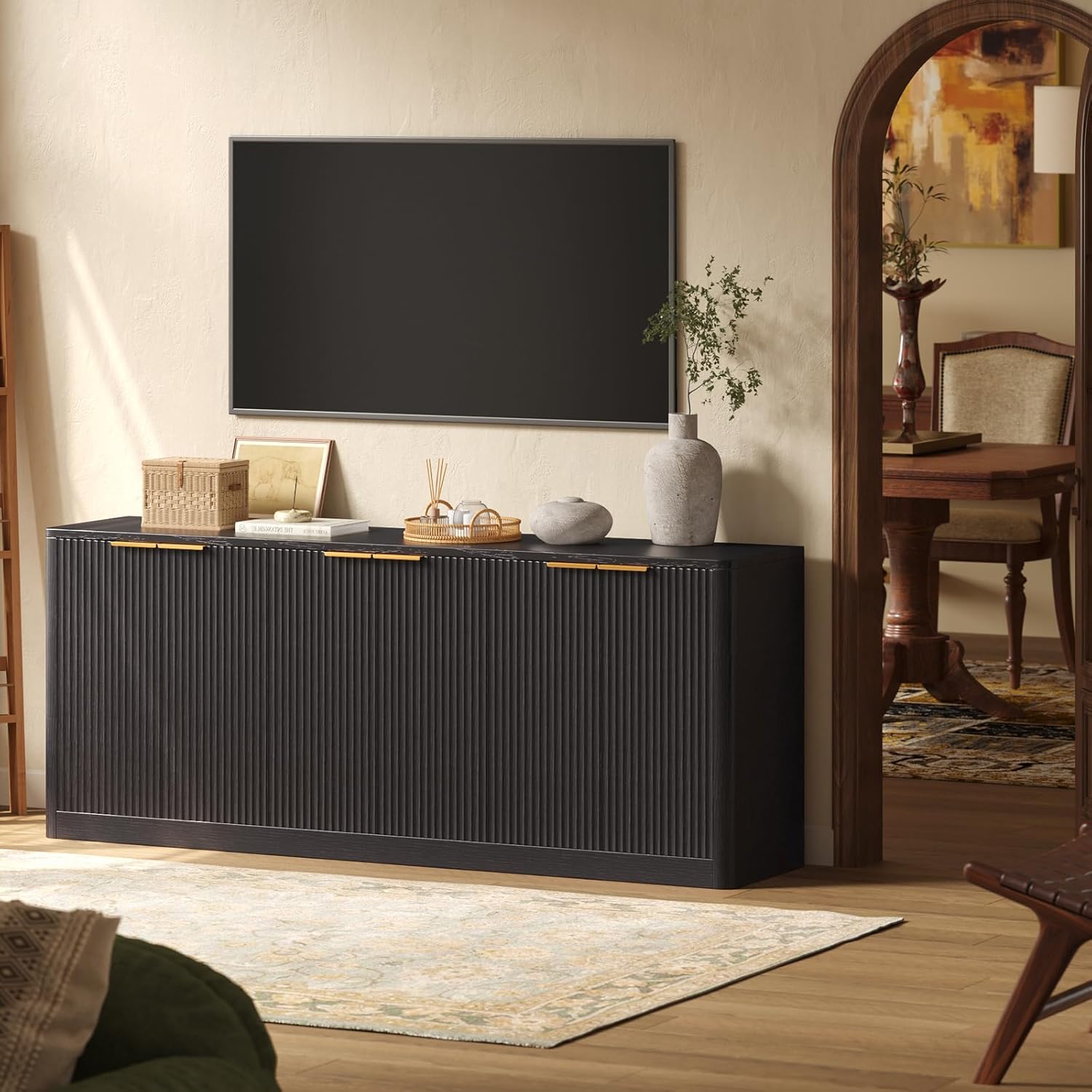 Evermagin 67" Fluted Black Buffet Cabinet Sideboard with Storage, Large Credenza with 6 Doors, Wood Mid Century Modern Sideboard for Kitchen and Living Room (67"*31.5"*15.7")