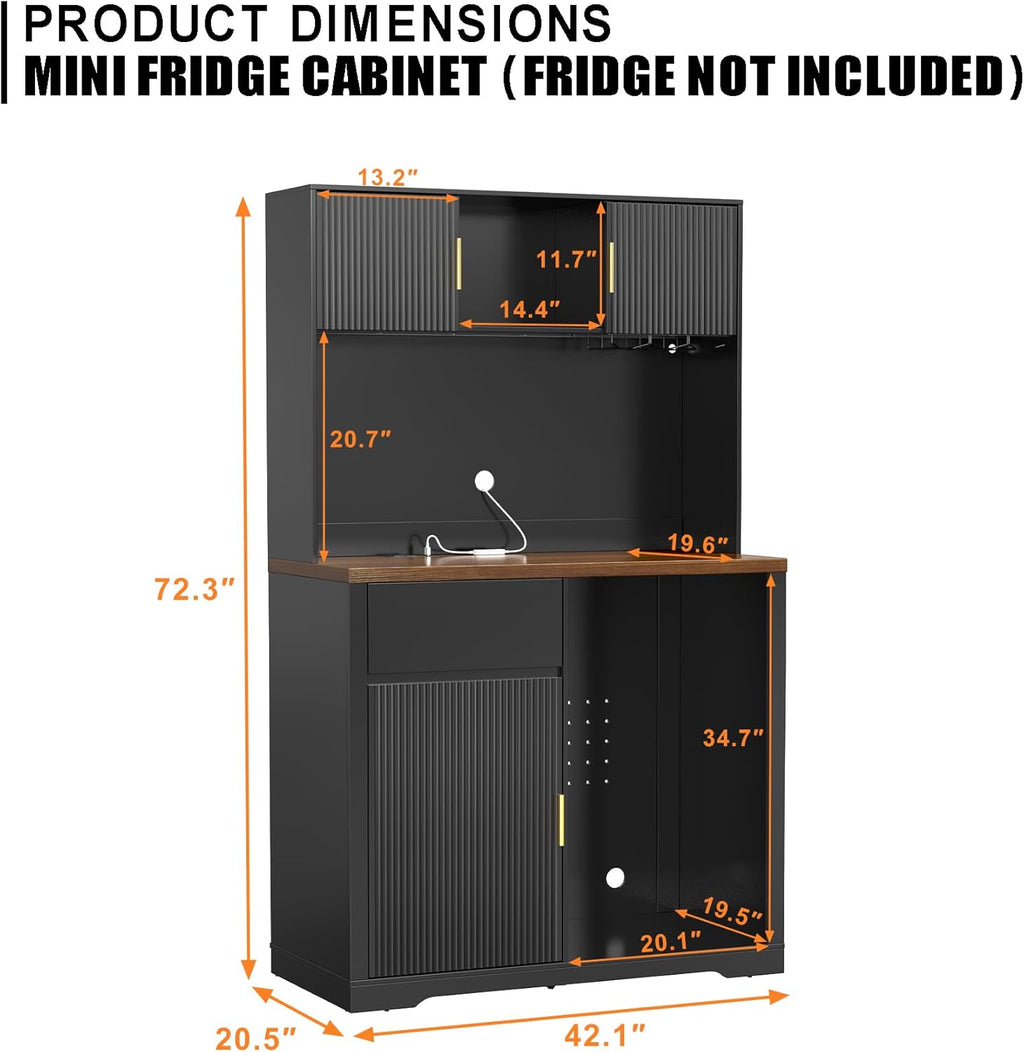 GDLF 72" Tall Bar Cabinet with Fridge Space, Fluted Coffee Liquor Hutch Cabinet with Storage, Tall Home Bar with LED Light & Power Outlet for Kitchen Dining Room or Living Area