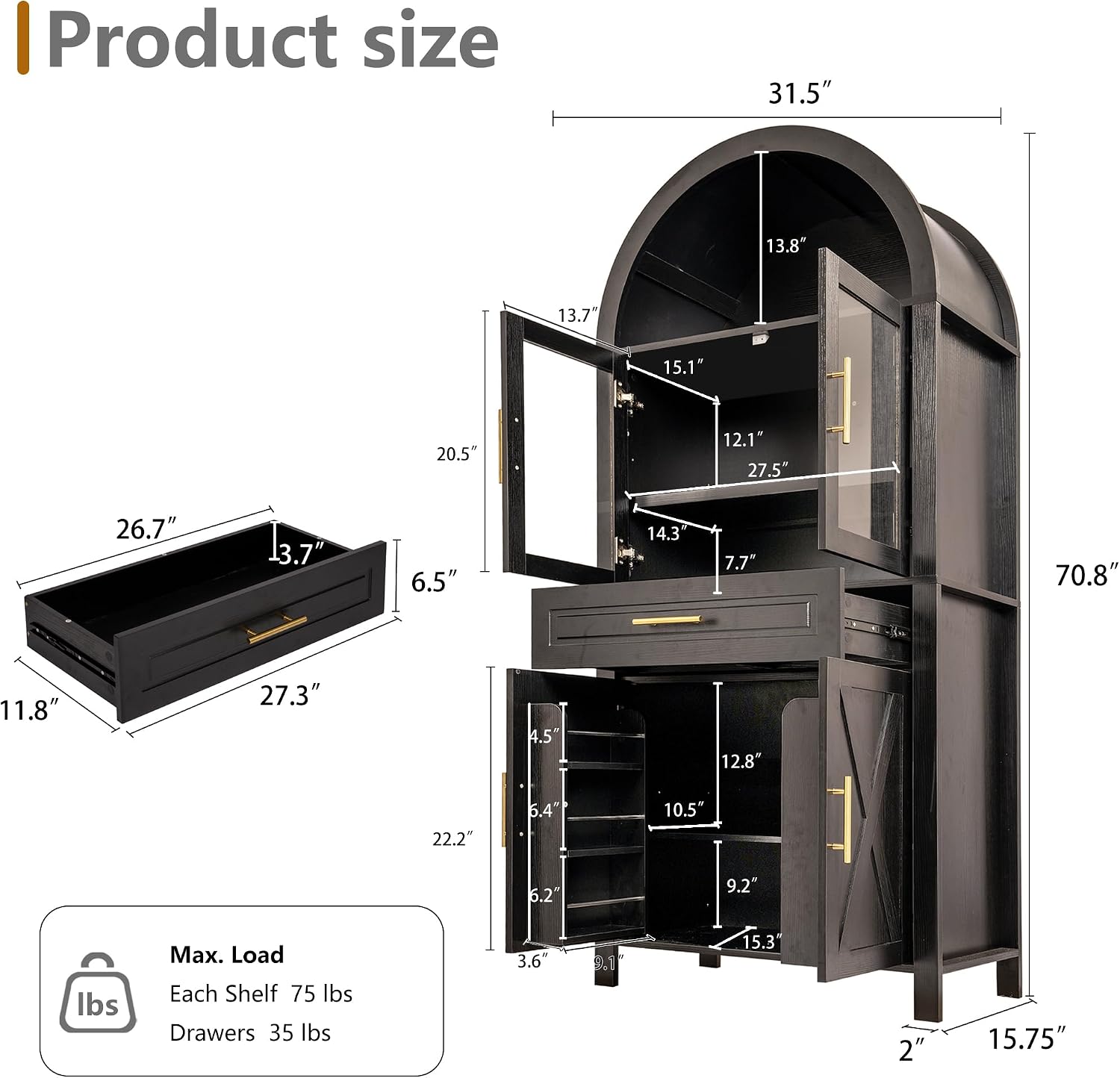 71" Tall Arched Kitchen Pantry with Glass Door, Farmhouse Storage Cabinet with Adjustable Shelves & Barn Door for Kitchen, Living Room, Dining Room, Black