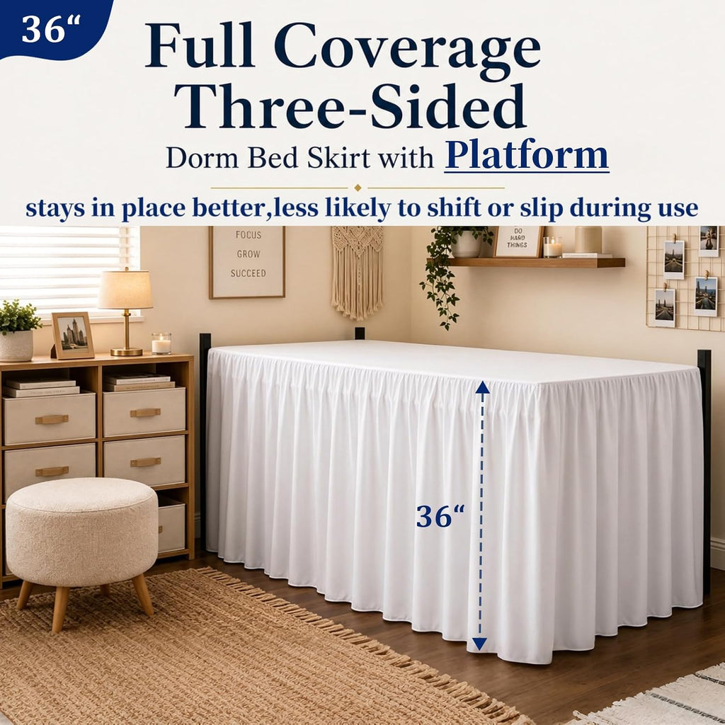 36'' Twin XL Dorm Bed Skirt, 3-Sided | Dust Ruffle With Platform Design, Long Drop, Wrinkle Resistant and Machine Washable, Hides Underbed Storage
