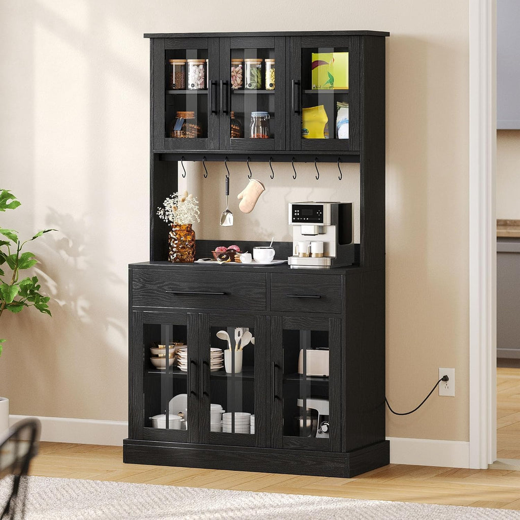 YITAHOME 2-Pack Kitchen Pantry Storage Cabinet Set, 71'' Kitchen Hutch with Outlet & Glass Door & Drawer & Shelves & Hook, Freestanding Microwave Stand Coffee Bar for Home Dining Living Room, Black