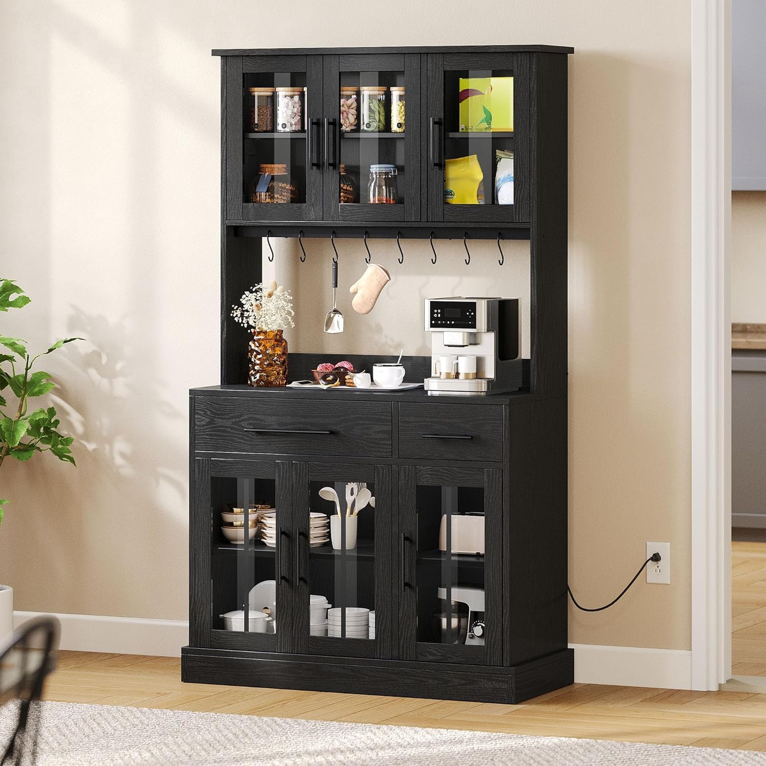 YITAHOME 2-Pack Kitchen Pantry Storage Cabinet Set, 71'' Kitchen Hutch with Outlet & Glass Door & Drawer & Shelves & Hook, Freestanding Microwave Stand Coffee Bar for Home Dining Living Room, Black