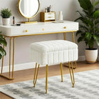 FUXA Vanity Stool Chair with Storage, White Faux Fur Makeup Chair with 4 Metal Legs and Anti-Slip Feet, Soft Padded Seat, Small Footrest Footstool Ottoman, Multifunctional Stool for Bedroom