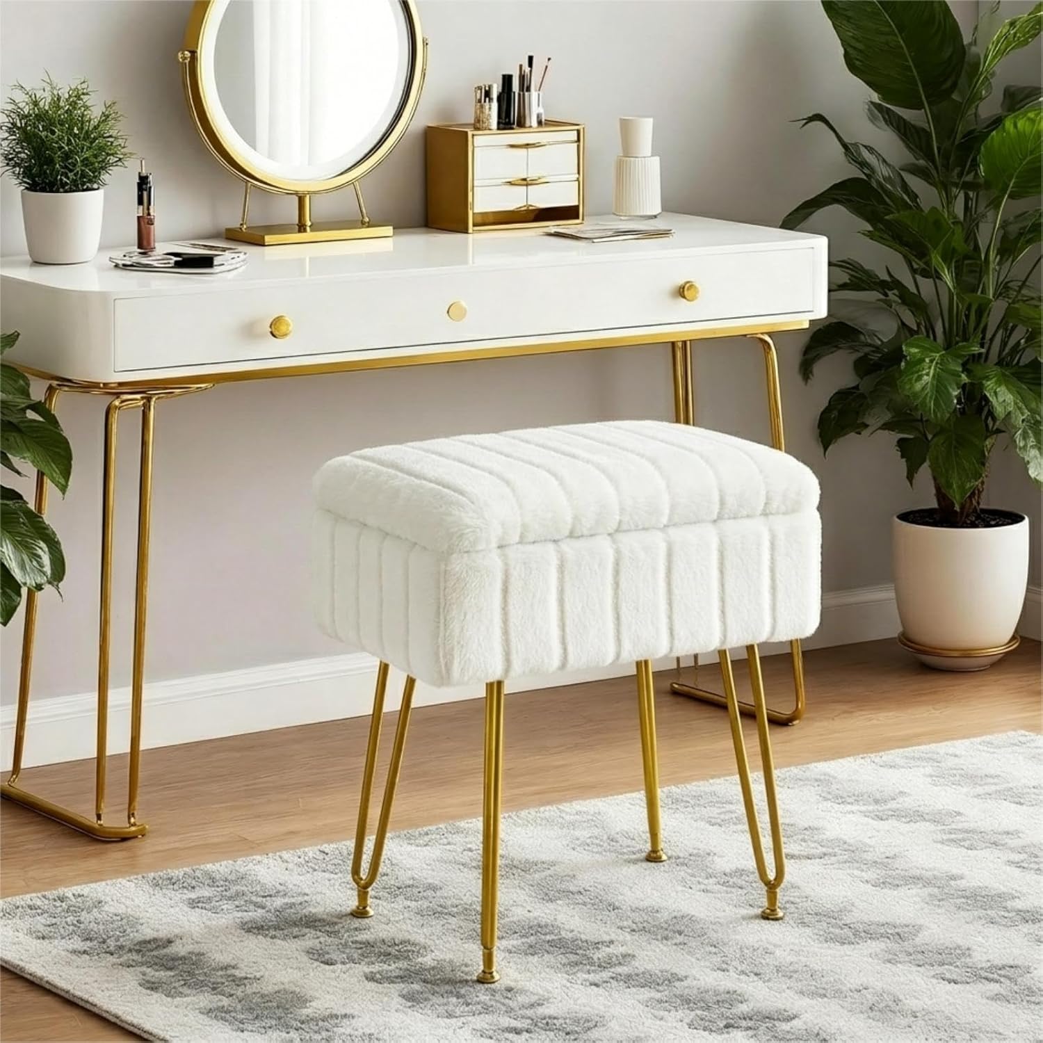 FUXA Vanity Stool Chair with Storage, White Faux Fur Makeup Chair with 4 Metal Legs and Anti-Slip Feet, Soft Padded Seat, Small Footrest Footstool Ottoman, Multifunctional Stool for Bedroom
